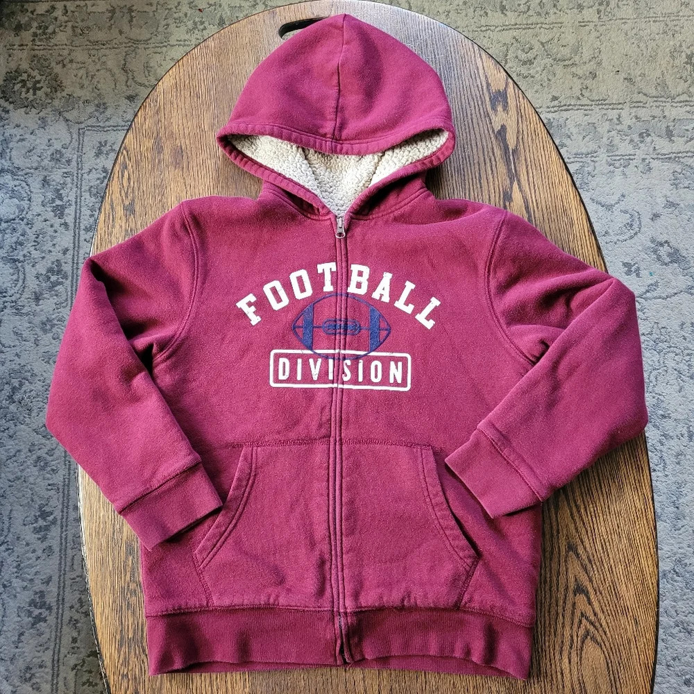 PLACE Burgundy Football Heavyweight Zip-Up  Hooded Jacket Size Boys Large 10/12